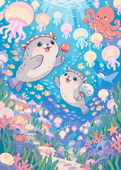 Two cartoon seals in an underwater scene, paint by numbers.