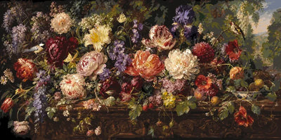 Large bouquet of flowers on table paint by numbers with birds and fruit.