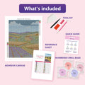 Thumbnail for What is included in the Lavender and Wheat Fields diamond painting kit - adhesive canvas, reference sheet, tools and numbered drill bags