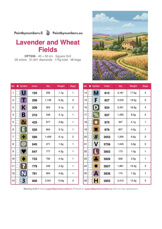 DMC color chart for Lavender and Wheat Fields diamond painting - 26 colors
