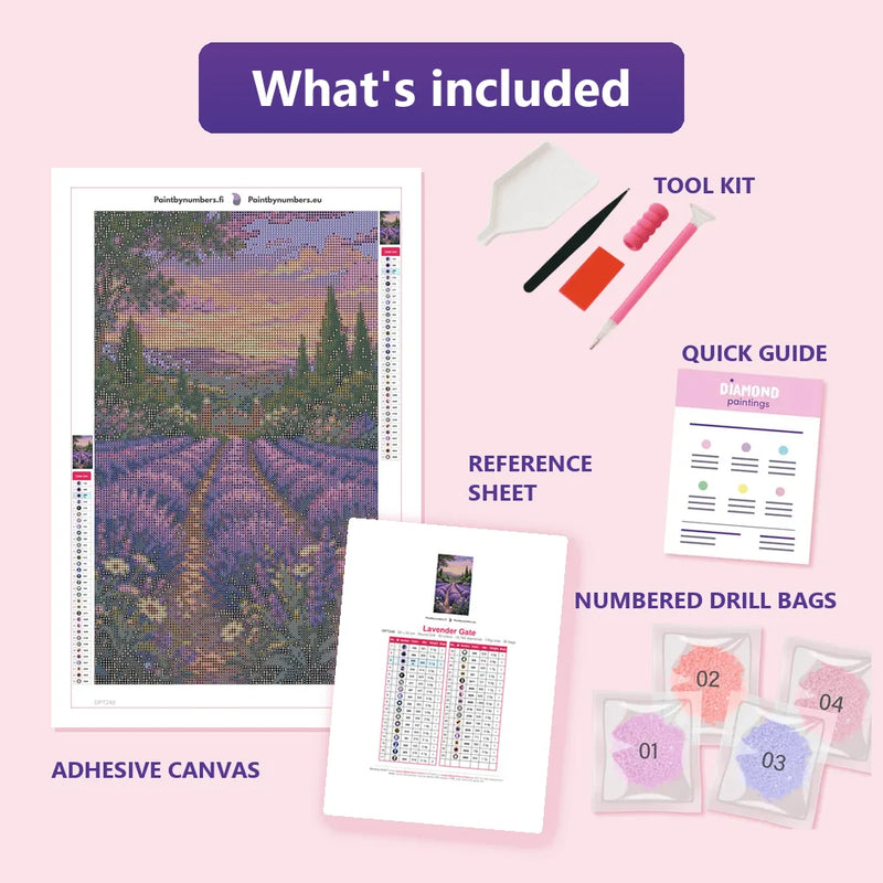 Lavender Gate 30x50cm diamond painting kit contents: adhesive canvas, color chart, tools, and diamond bags