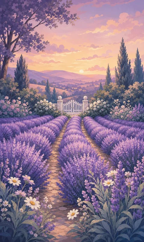 Diamond painting of a lavender field, a white gate, and a sunset sky.