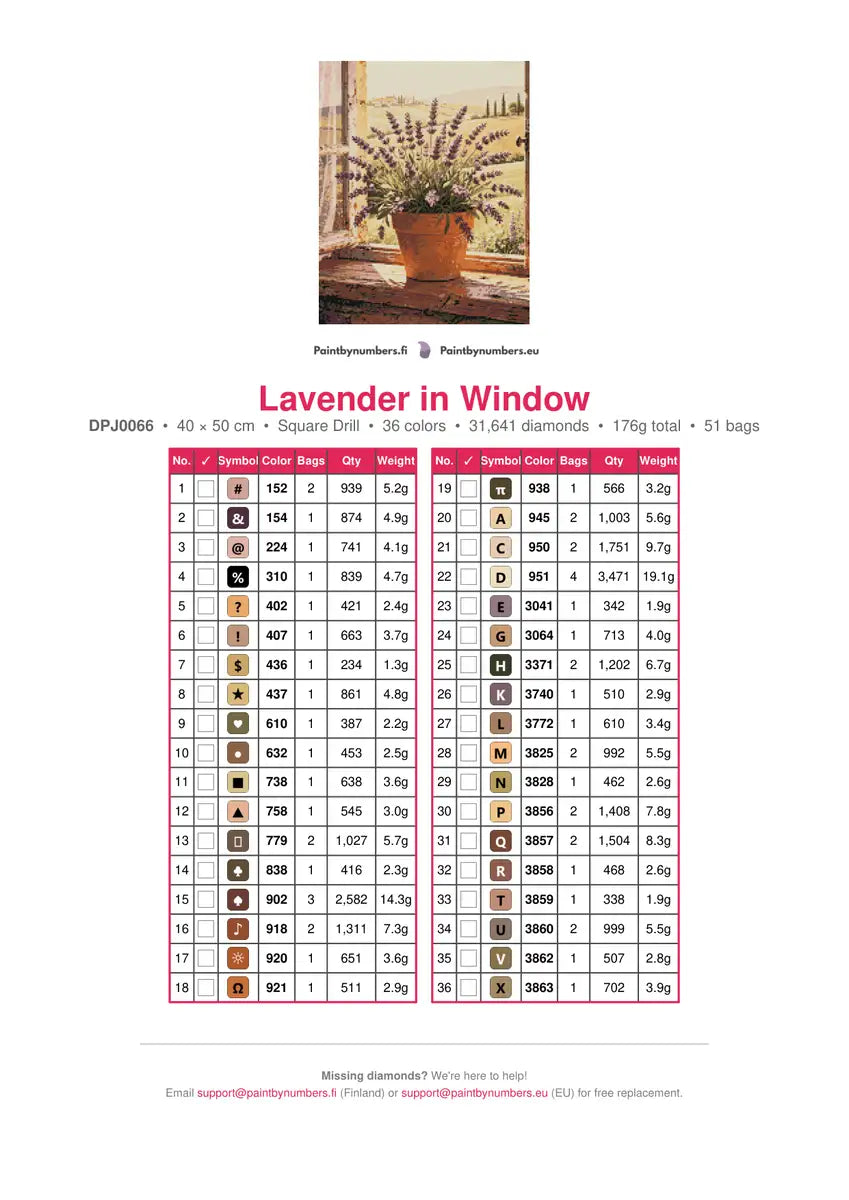 Lavender in Window diamond painting color chart – 36 DMC colors