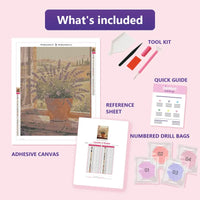 Thumbnail for Lavender in Window 40x50cm diamond painting kit contents: adhesive canvas, color chart, tools and diamond bags