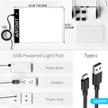 Thumbnail for A4 LED light table with accessories: stand, USB cable, clips, and bead box.
