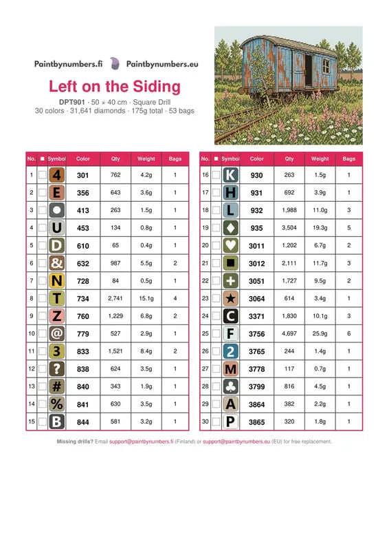DMC color chart for Left on the Siding diamond painting - 30 colors