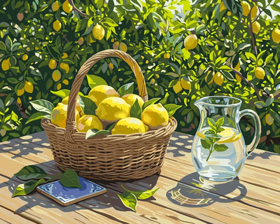 Basket of lemons and pitcher on table paint by numbers.