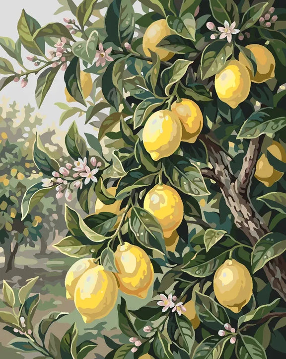 Lemon tree branches and fruits Paint By Numbers. Ripe lemons and green leaves.