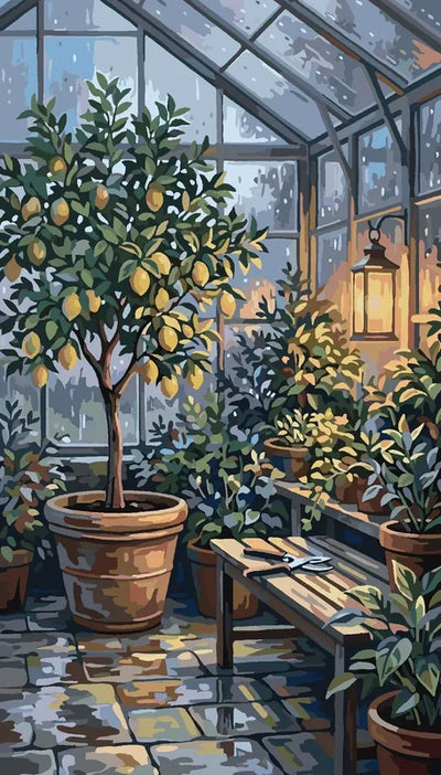 Lime tree in a clay pot in the greenhouse Paint By Numbers.