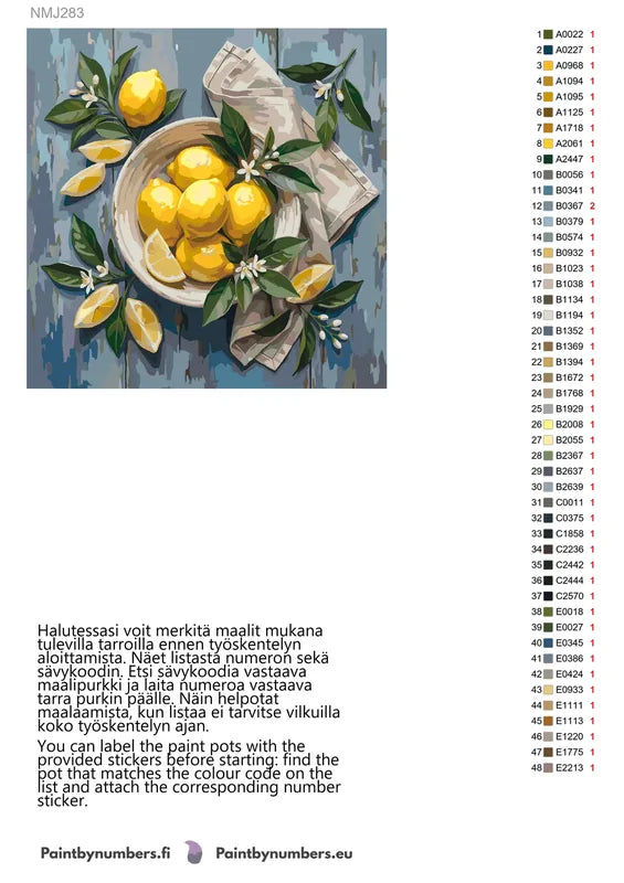 Color chart and instructions - Lemons in Bowl 50x50cm