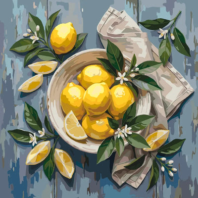 Bowl of lemons and green leaves Paint By Numbers