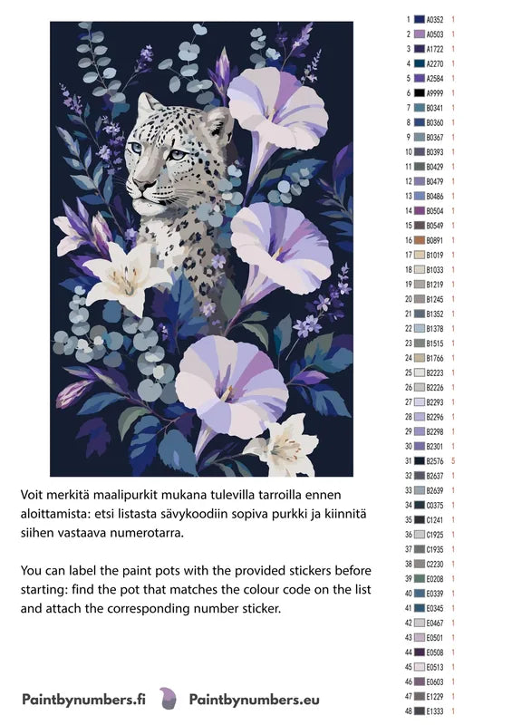 Paint color chart and instructions - Leopard and Purple Flowers 40x60cm
