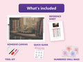 Thumbnail for Library Cat 60x40cm diamond painting kit contents: adhesive canvas, color chart, tools and diamond bags