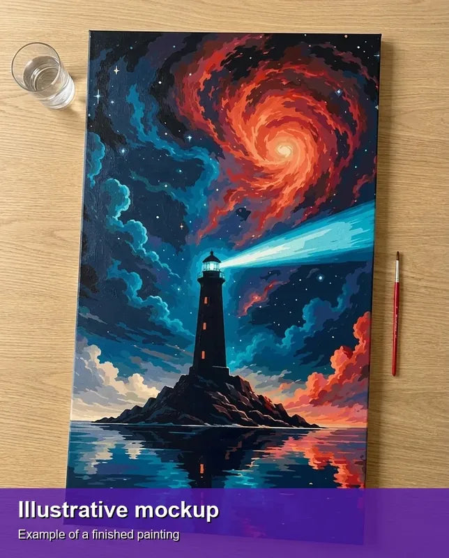 Illustration of the completed paint by numbers - Lighthouse and Swirling Sky 40x70cm