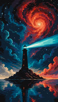 Thumbnail for Lighthouse on a rocky island, swirling colorful sky Paint By Numbers.