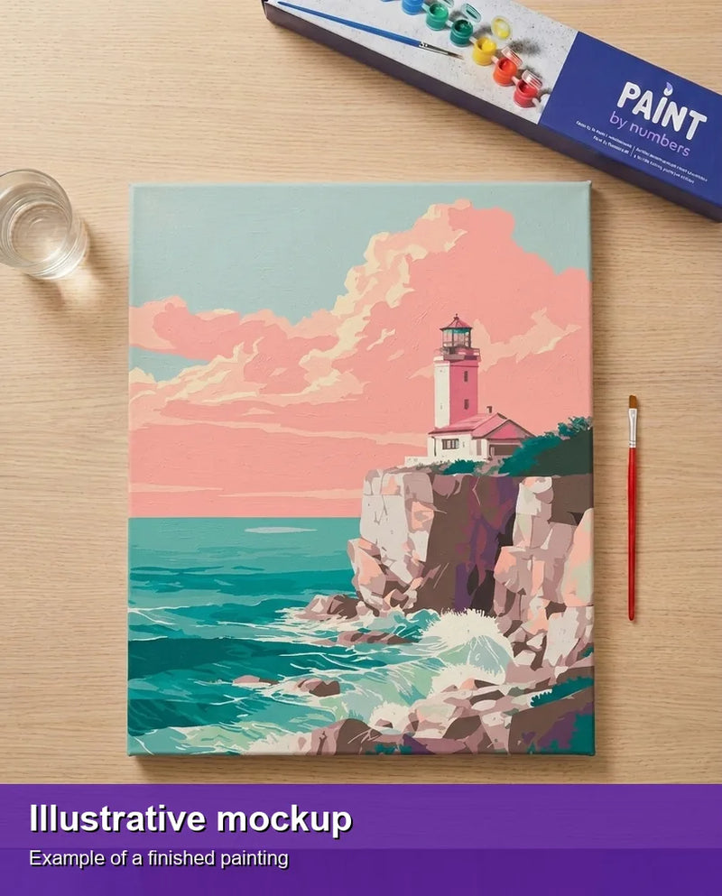 Finished paint by numbers mockup - Lighthouse Serenity 40x50cm