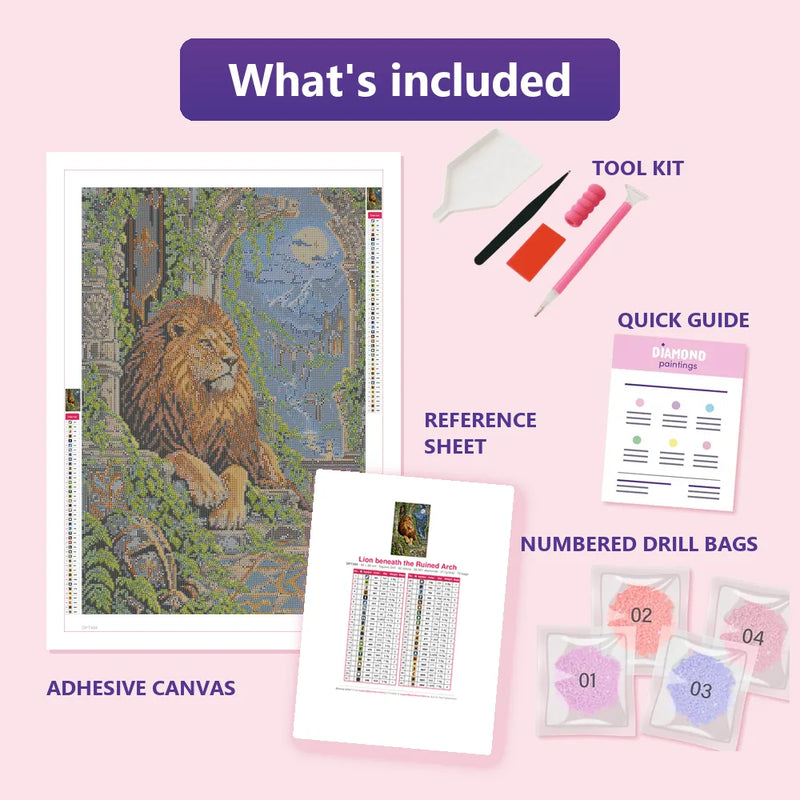 What is included in the Lion beneath the Ruined Arch diamond painting kit - adhesive canvas, reference sheet, tools and numbered drill bags
