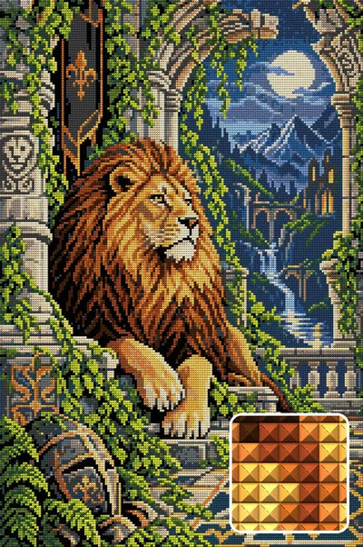 Lion beneath the Ruined Arch, 40x60 cm diamond painting – finished design preview with a close-up of square drills