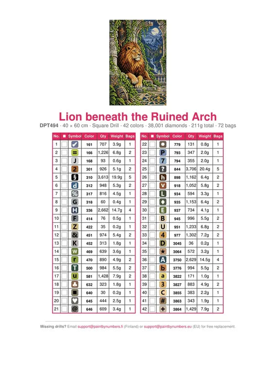 DMC color chart for Lion beneath the Ruined Arch diamond painting - 42 colors