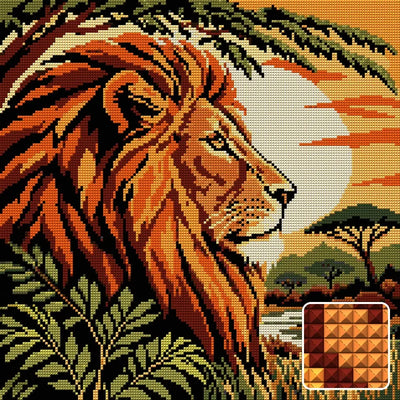 Lion Profile in Copper Leaves, 40x40 cm diamond painting – finished design preview with a close-up of square drills