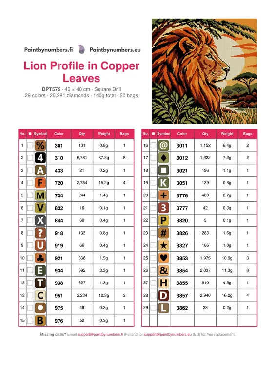DMC color chart for Lion Profile in Copper Leaves diamond painting - 29 colors