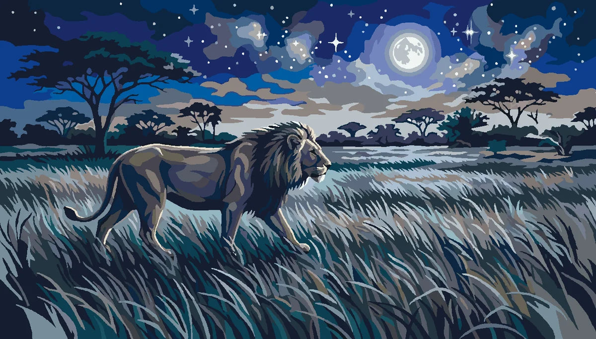 Lion walking on the savanna under full moon paint by numbers