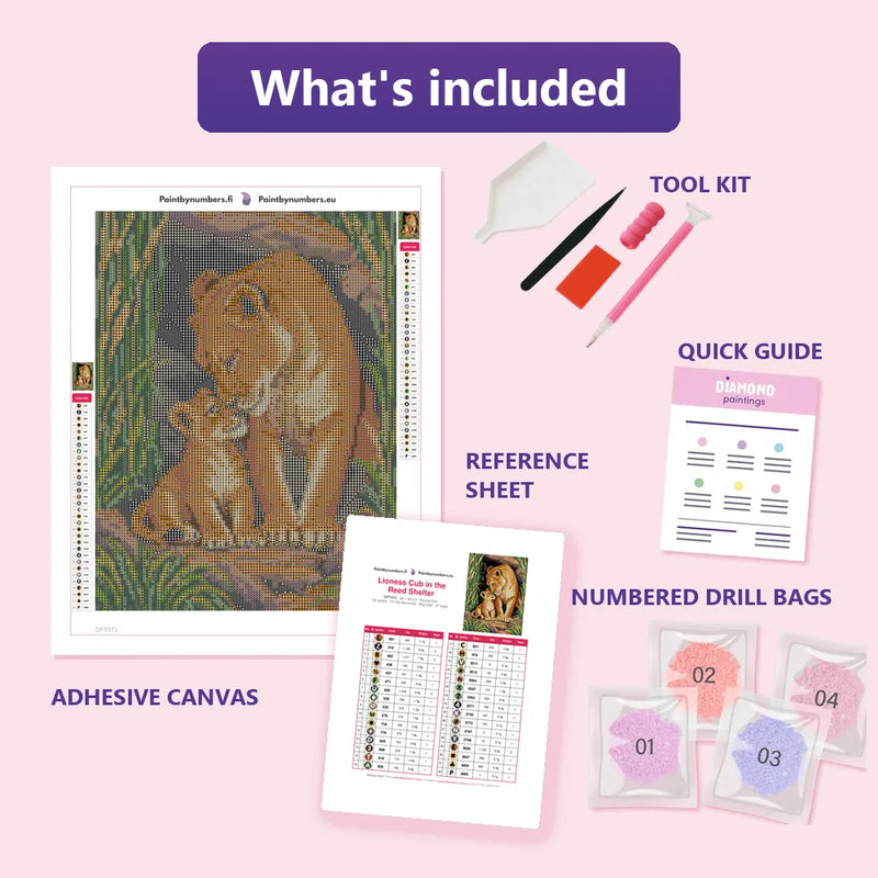 What is included in the Lioness Cub in the Reed Shelter diamond painting kit - adhesive canvas, reference sheet, tools and numbered drill bags