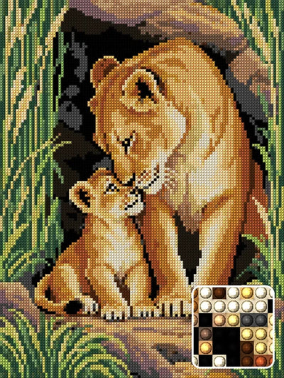 Lioness Cub in the Reed Shelter, 30x40 cm diamond painting – finished design preview with a close-up of round drills