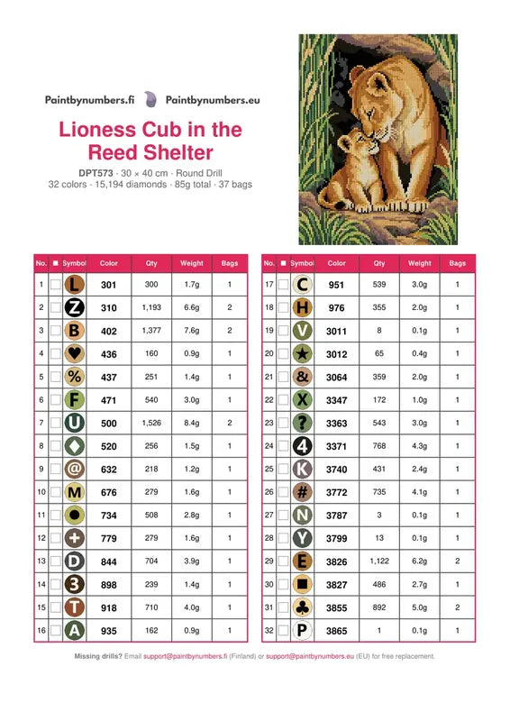 DMC color chart for Lioness Cub in the Reed Shelter diamond painting - 32 colors