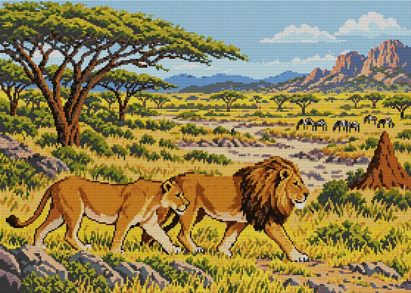 Lions across the Acacia Plain, 70x50 cm diamond painting – full design preview without the close-up inset