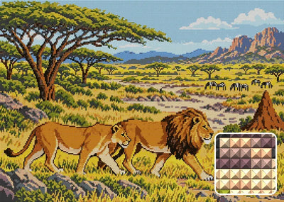 Lions across the Acacia Plain, 70x50 cm diamond painting – finished design preview with a close-up of square drills