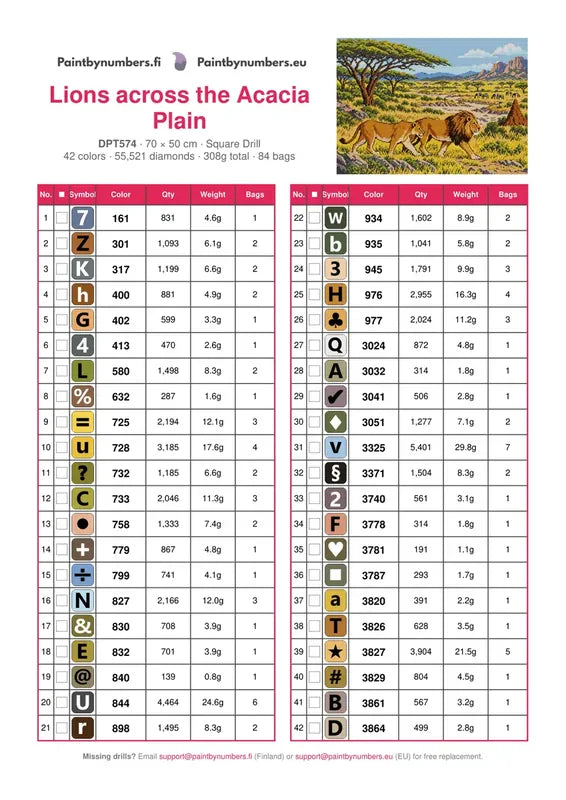 DMC color chart for Lions across the Acacia Plain diamond painting - 42 colors