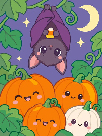Cartoon bat and pumpkins paint by numbers, purple background