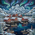 Thumbnail for Diamond painting of a winter fishing village, mountains, and the northern lights.