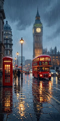 Thumbnail for Diamond painting of a rainy London street, red bus, telephone booth and Big Ben in the background.