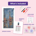 Thumbnail for London Rain 40x80cm diamond painting kit contents: adhesive canvas, color chart, tools and diamond bags