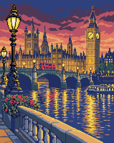 Förhandsvisning: Big Ben, Westminsterpalatset och en röd buss ovanför en blå flod
