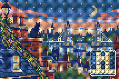 London Rooftop Blue Hour, 30x20 cm diamond painting – finished design preview with a close-up of round drills