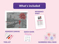 Thumbnail for Contents of the London Walk 50x40cm diamond painting kit: adhesive canvas, color chart, tools and diamond bags