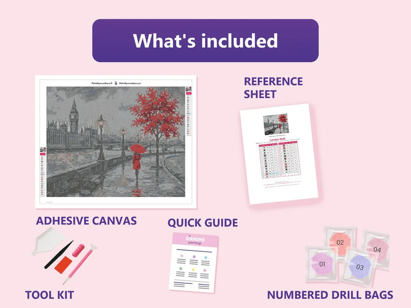 Contents of the London Walk 50x40cm diamond painting kit: adhesive canvas, color chart, tools and diamond bags