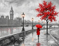 Thumbnail for Diamond painting of the London riverside, woman with a red umbrella and a red tree.