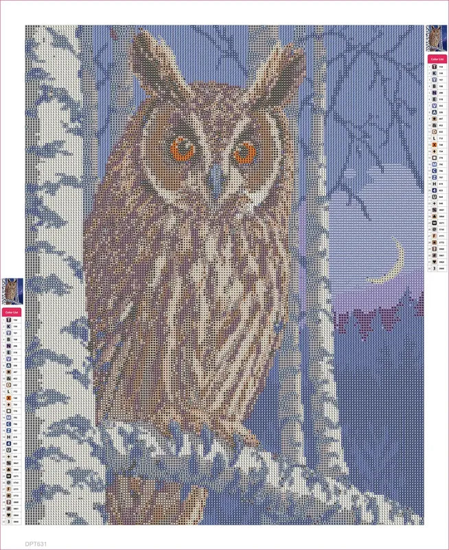 Diamond painting adhesive canvas preview - Long-eared Owl in Birch Twilight