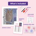 Thumbnail for What is included in the Long-eared Owl in Birch Twilight diamond painting kit - adhesive canvas, reference sheet, tools and numbered drill bags