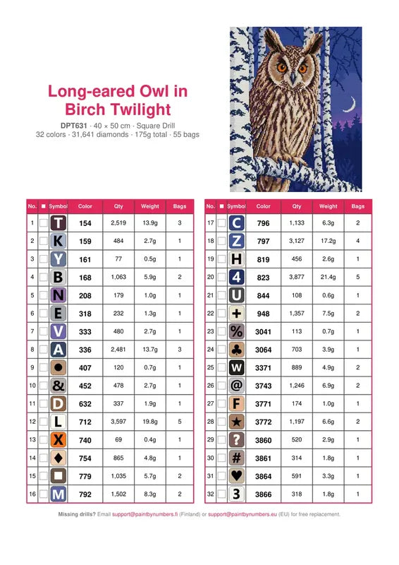 DMC color chart for Long-eared Owl in Birch Twilight diamond painting - 32 colors