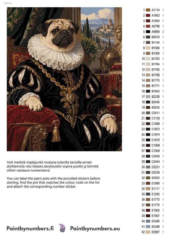Paint color chart and instructions - Lord Pug 40x50cm