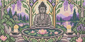 Miniatyrbild: Förhandsbild: buddhastaty bland näckrosor och blåregn vid en damm med ljus och stenpelare