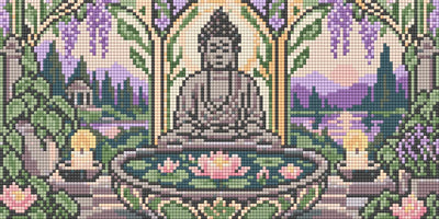 Förhandsbild: buddhastaty bland näckrosor och blåregn vid en damm med ljus och stenpelare
