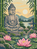 Miniatyrbild: Förhandsbild: buddhastaty bland bambu med rosa lotusblommor och en stenlykta vid vattnet