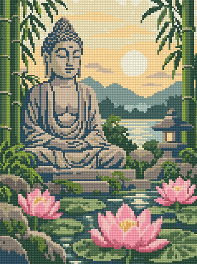 Förhandsbild: buddhastaty bland bambu med rosa lotusblommor och en stenlykta vid vattnet