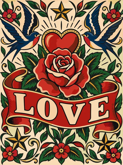 Rose, heart and swallows paint by numbers in vintage tattoo style